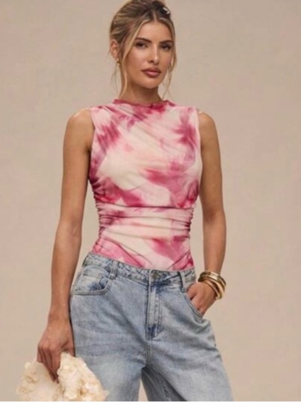 SHEIN Pink & White Tie-Dye High Neck One-Piece Swim